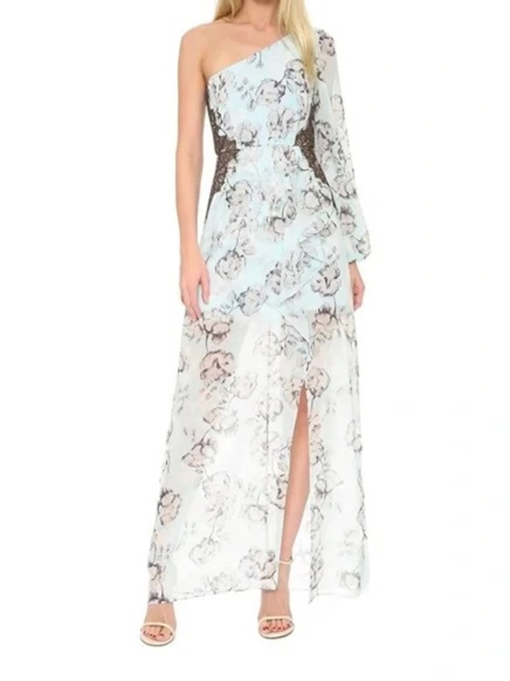 BCBGMaxAzria One-Shoulder Light Blue Floral Maxi Sandy Gown Dress